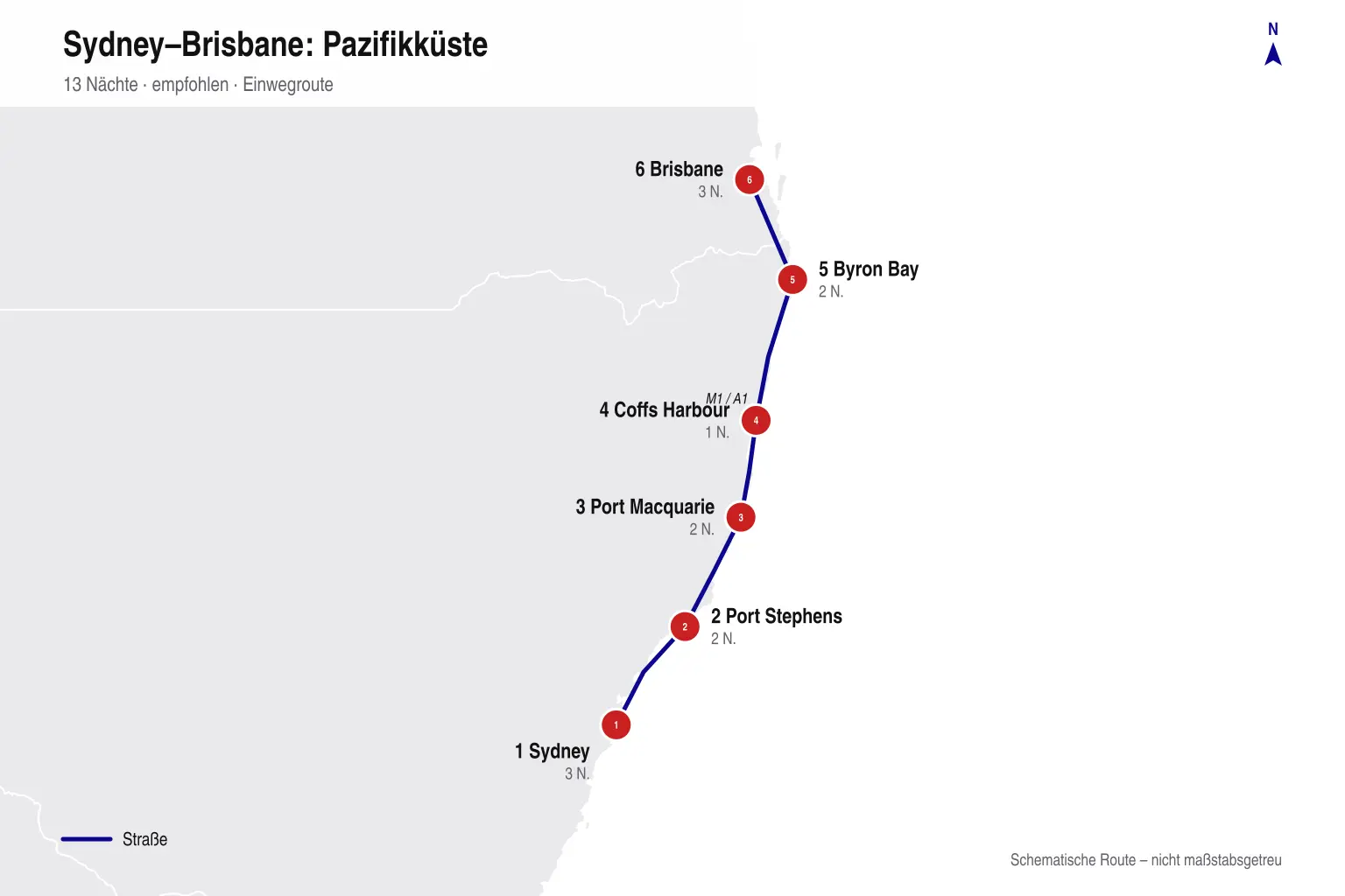 Karte der 14-tägigen Küstenroute von Sydney über Port Stephens und Byron Bay nach Brisbane