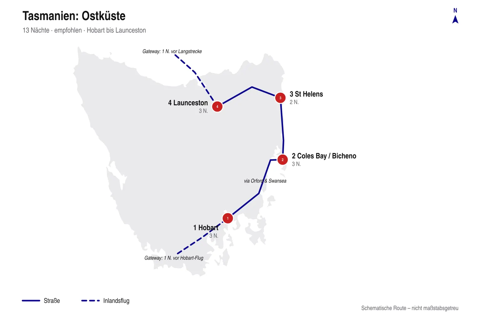 Karte der 14-tägigen Tasmanien-Route von Hobart über Freycinet und St Helens nach Launceston mit Inlandsflügen