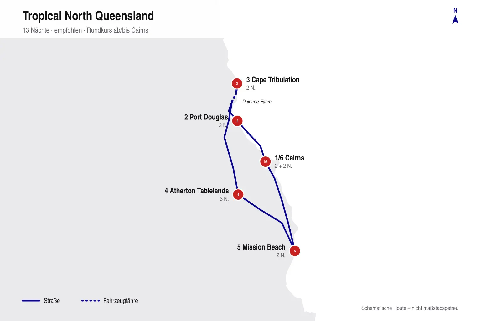 Karte der 14-tägigen Rundreise ab Cairns über Port Douglas, Cape Tribulation, Atherton Tablelands und Mission Beach