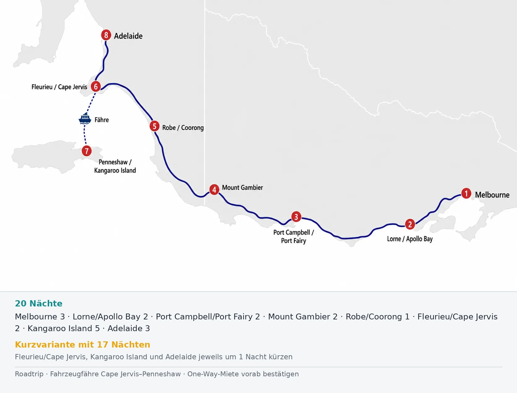 Karte der 20-Nächte-Route von Melbourne über die Great Ocean Road und Kangaroo Island nach Adelaide