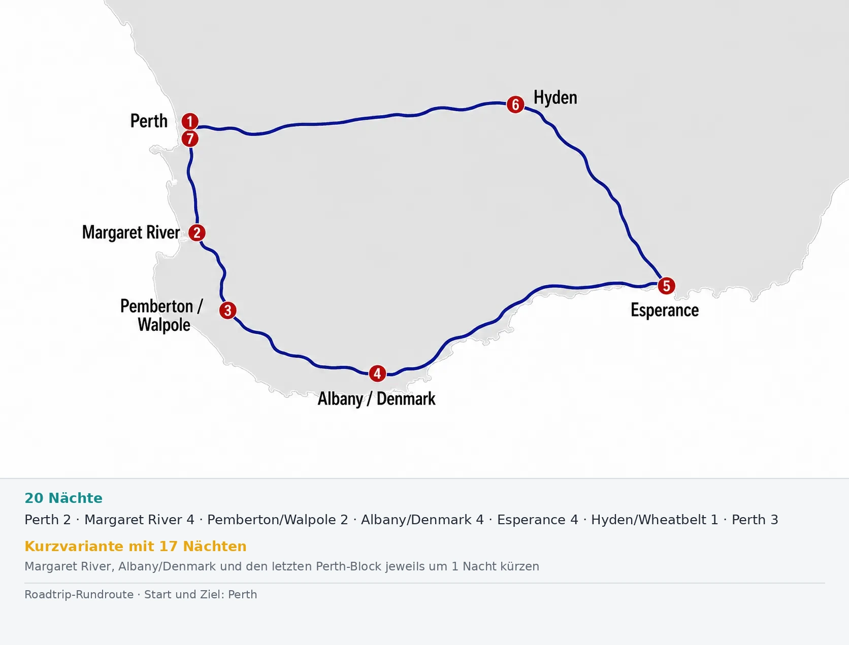 Karte der 20-Nächte-Rundreise von Perth über Margaret River, Albany und Esperance zurück nach Perth