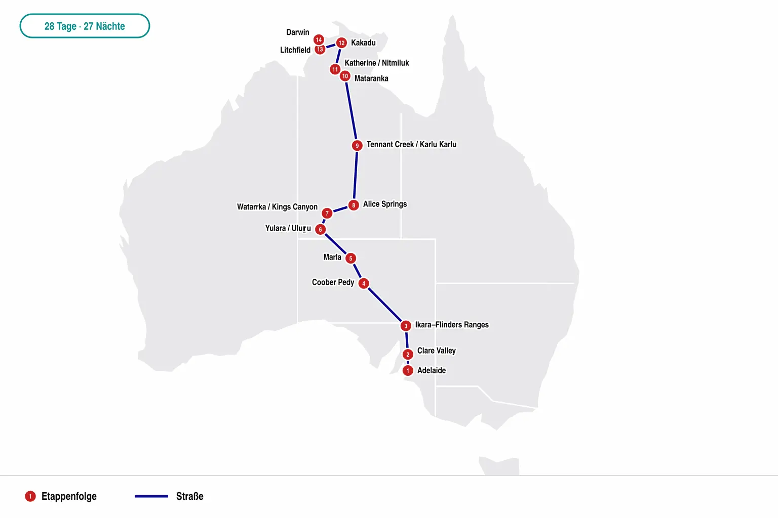 Karte der 28-Tage-Route von Adelaide über Uluṟu, Alice Springs und Kakadu nach Darwin