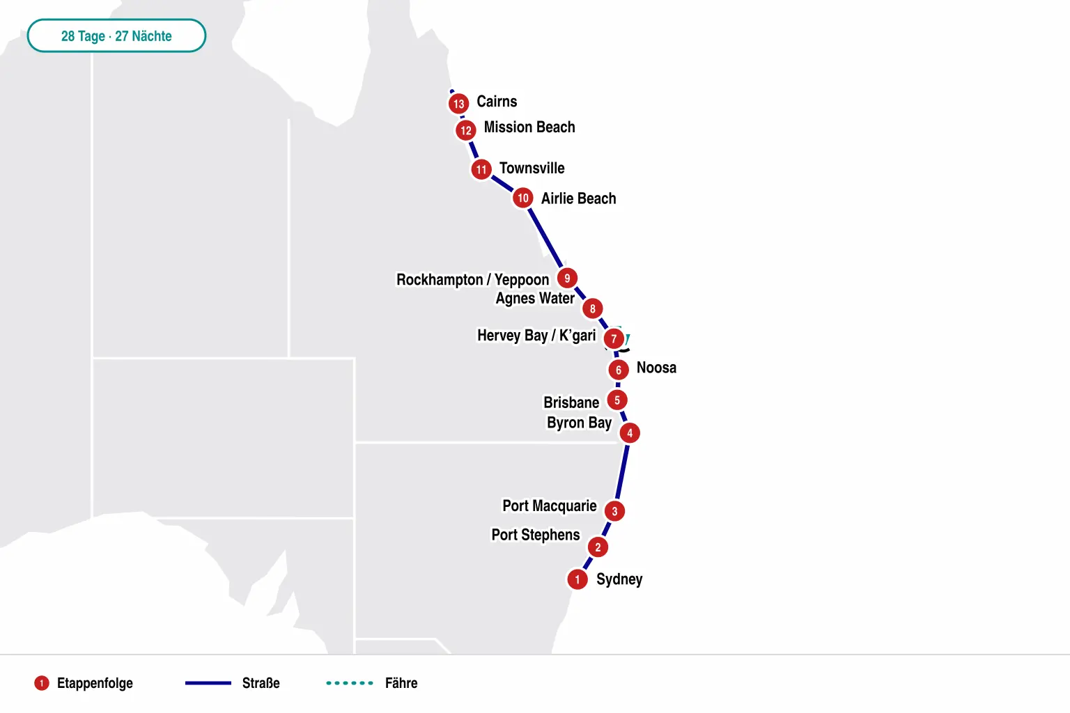 Karte der 28-Tage-Route von Sydney über Brisbane, K’gari und die Whitsundays nach Cairns