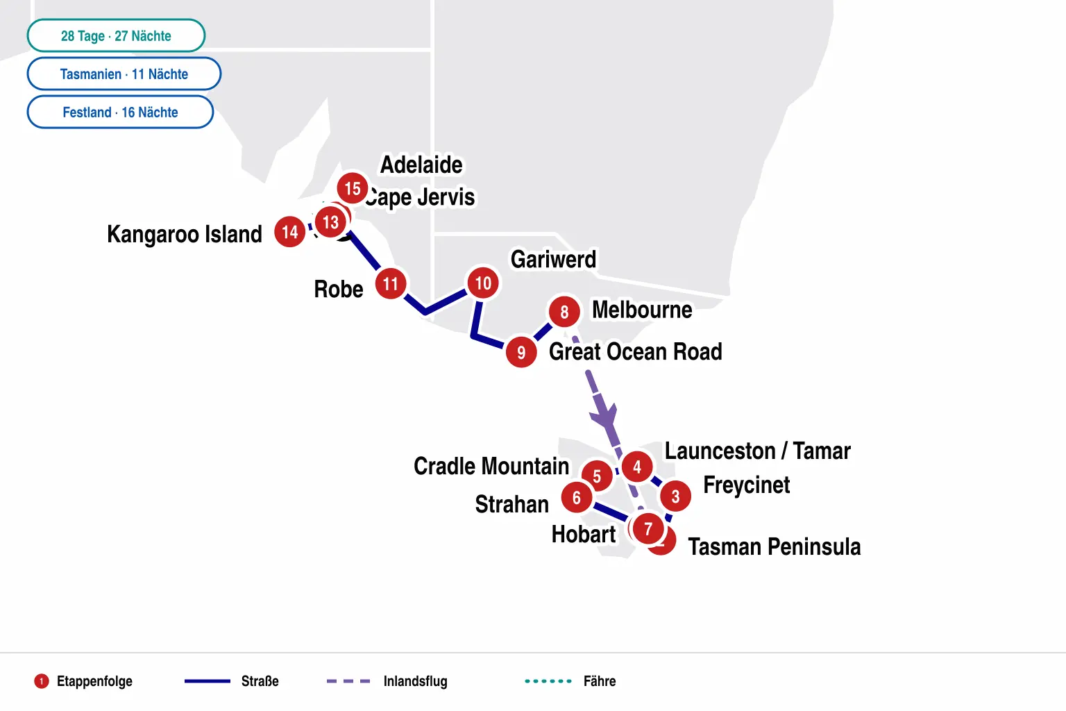 Karte der modularen 28-Tage-Route durch Tasmanien und von Melbourne über Kangaroo Island nach Adelaide