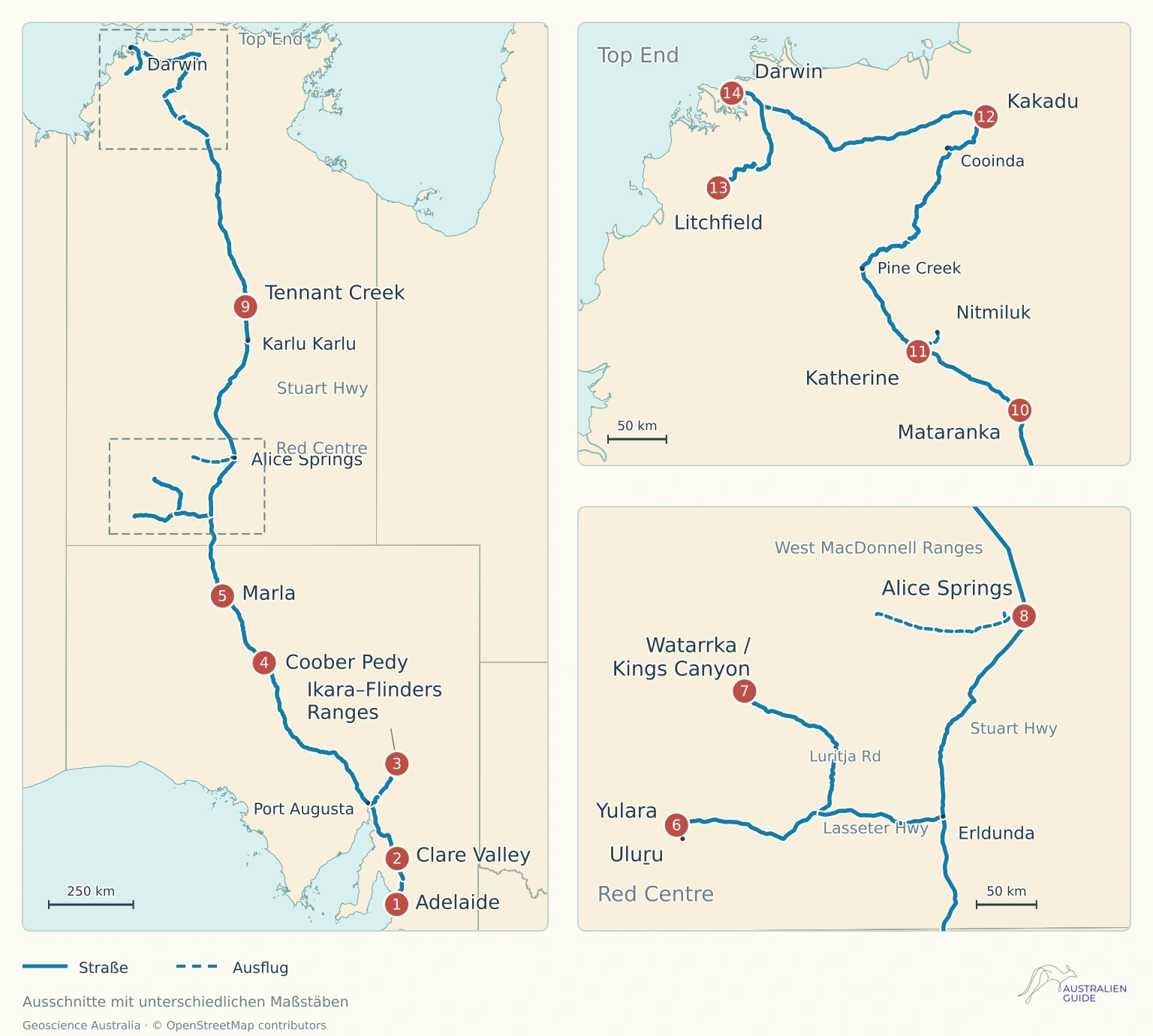 Route Adelaide–Darwin mit Stuart Highway sowie großen Details für das Top End und den asphaltierten Südumweg im Red Centre.