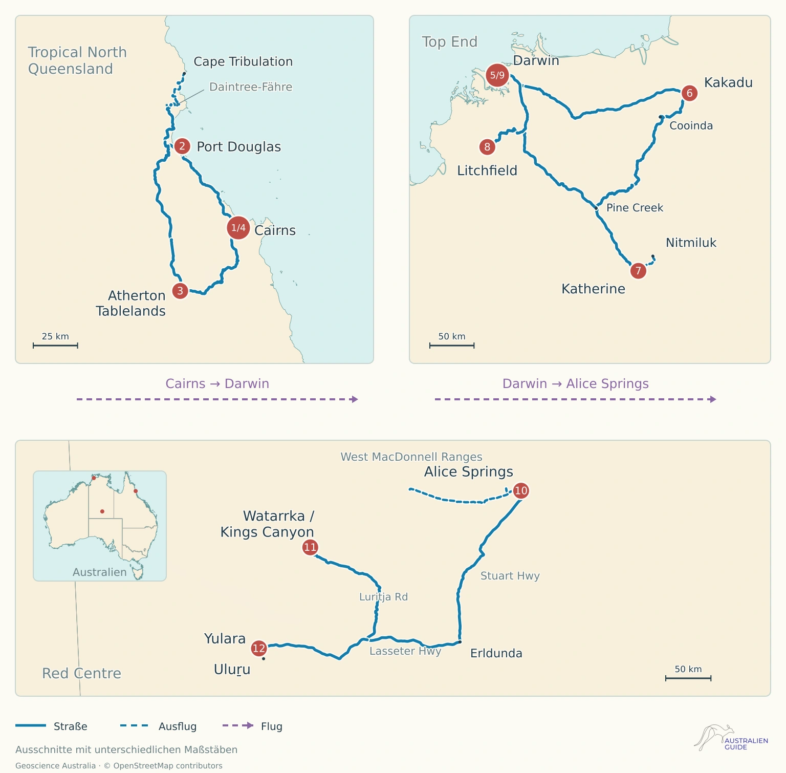 Drei regionale Karten mit den Flugrichtungen Cairns–Darwin und Darwin–Alice Springs sowie gemeinsamen Wiederbesuchsmarkern in Cairns und Darwin.