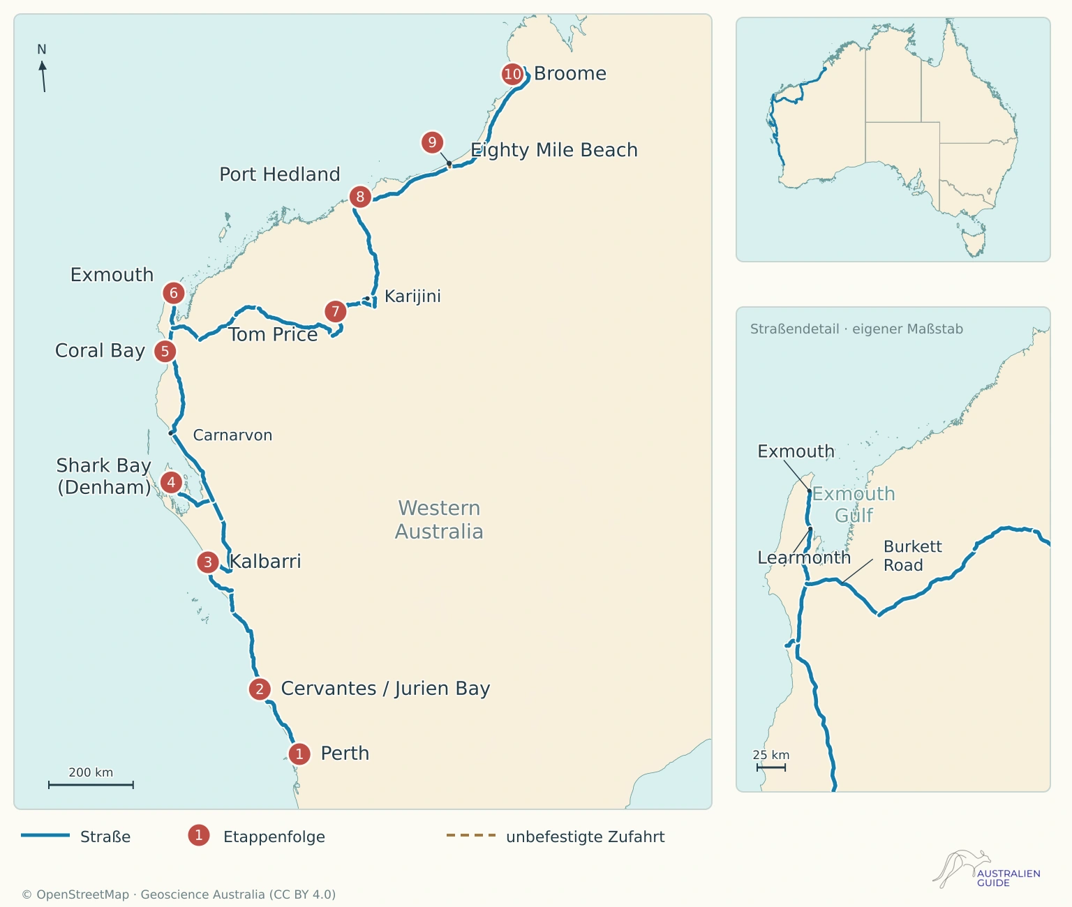 Route Perth–Broome mit Shark Bay, Coral Bay, Exmouth und Karijini; ein Detail zeigt die Südausfahrt um den Exmouth Gulf.
