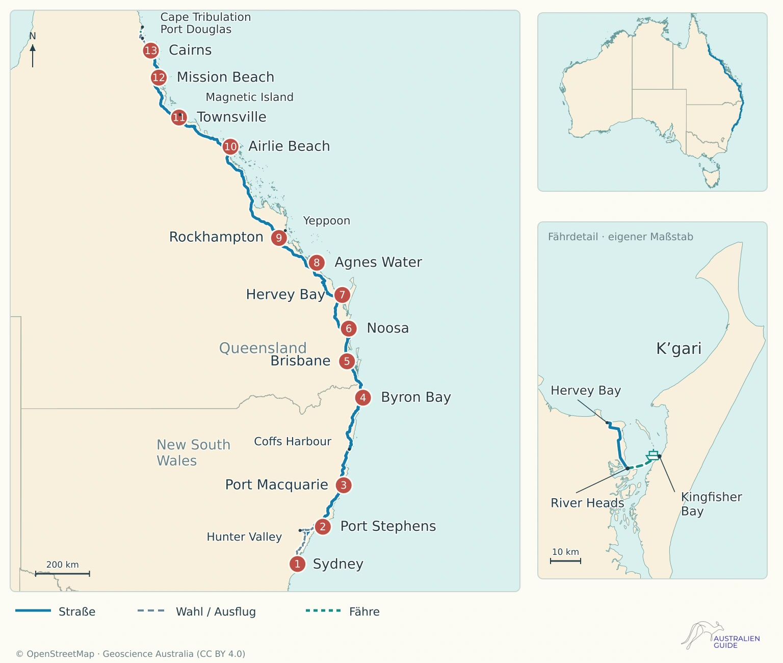 Küstenroute von Sydney nach Cairns mit nummerierten Reisephasen, Australien-Locator und Fährdetail River Heads–Kingfisher Bay nach K’gari.