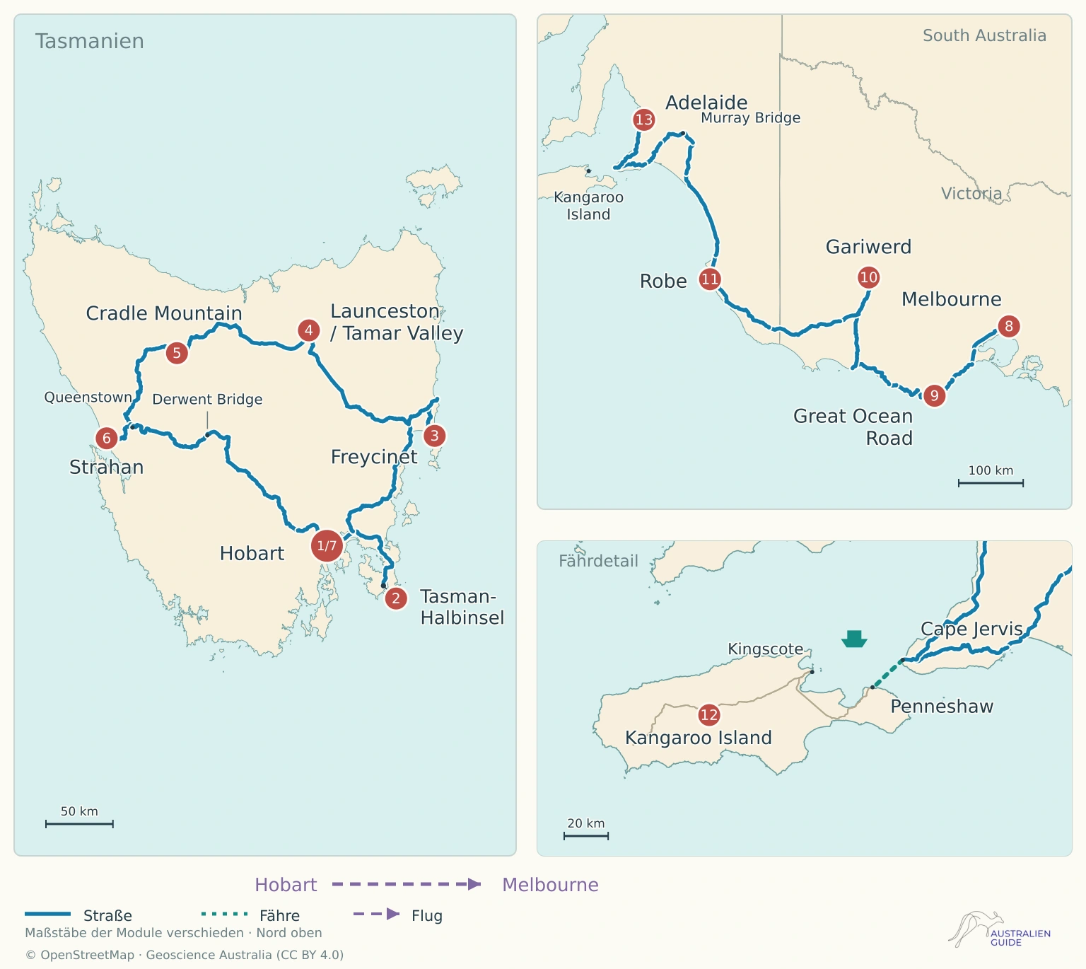 Routenkarte durch Tasmanien und von Melbourne nach Adelaide mit Flug Hobart–Melbourne und Fährdetail Cape Jervis–Penneshaw nach Kangaroo Island.